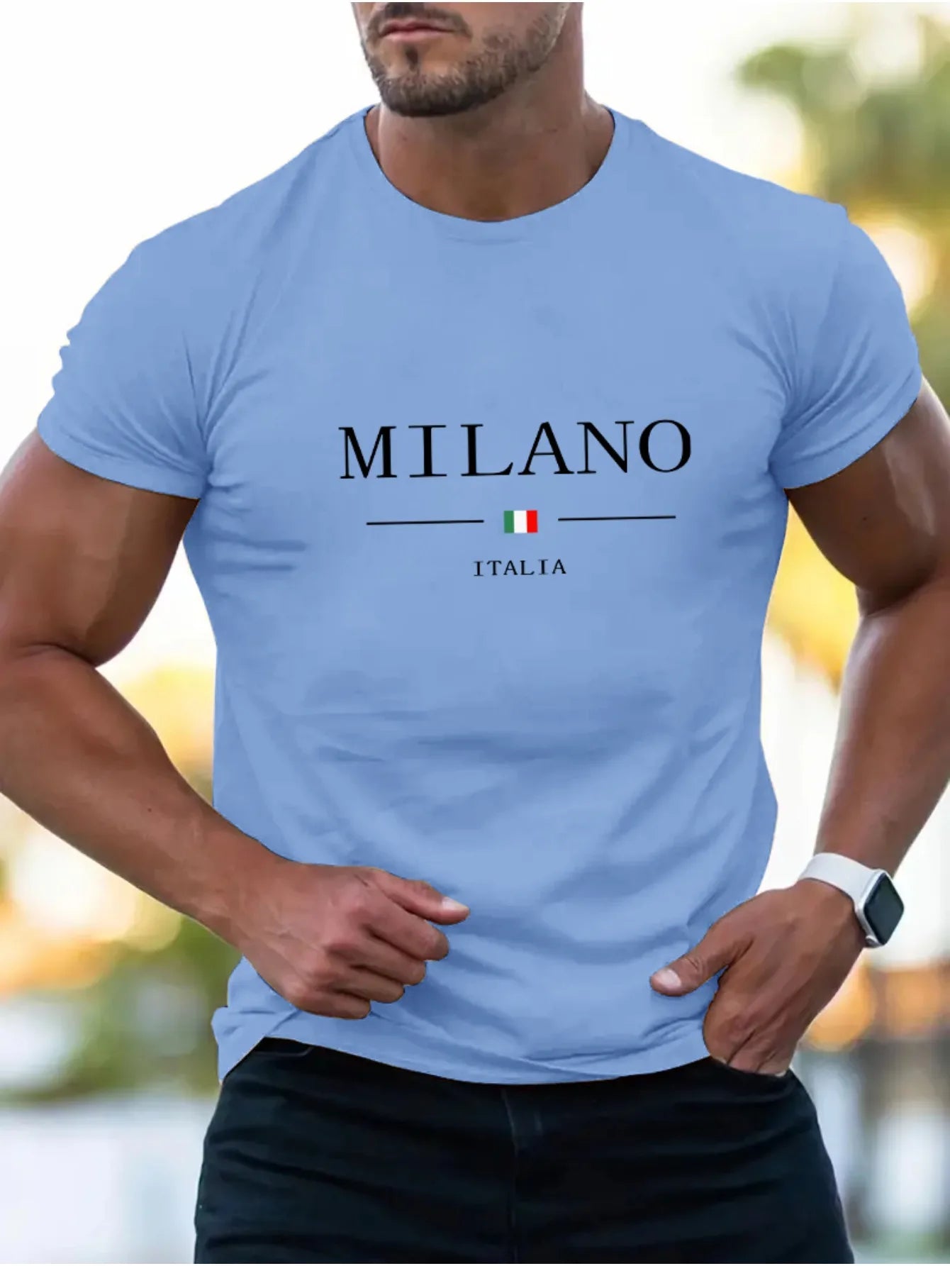 Summer men's 100% cotton casual sports loose plus MILANO print comfortable shopping round neck short sleeved T-shirt top