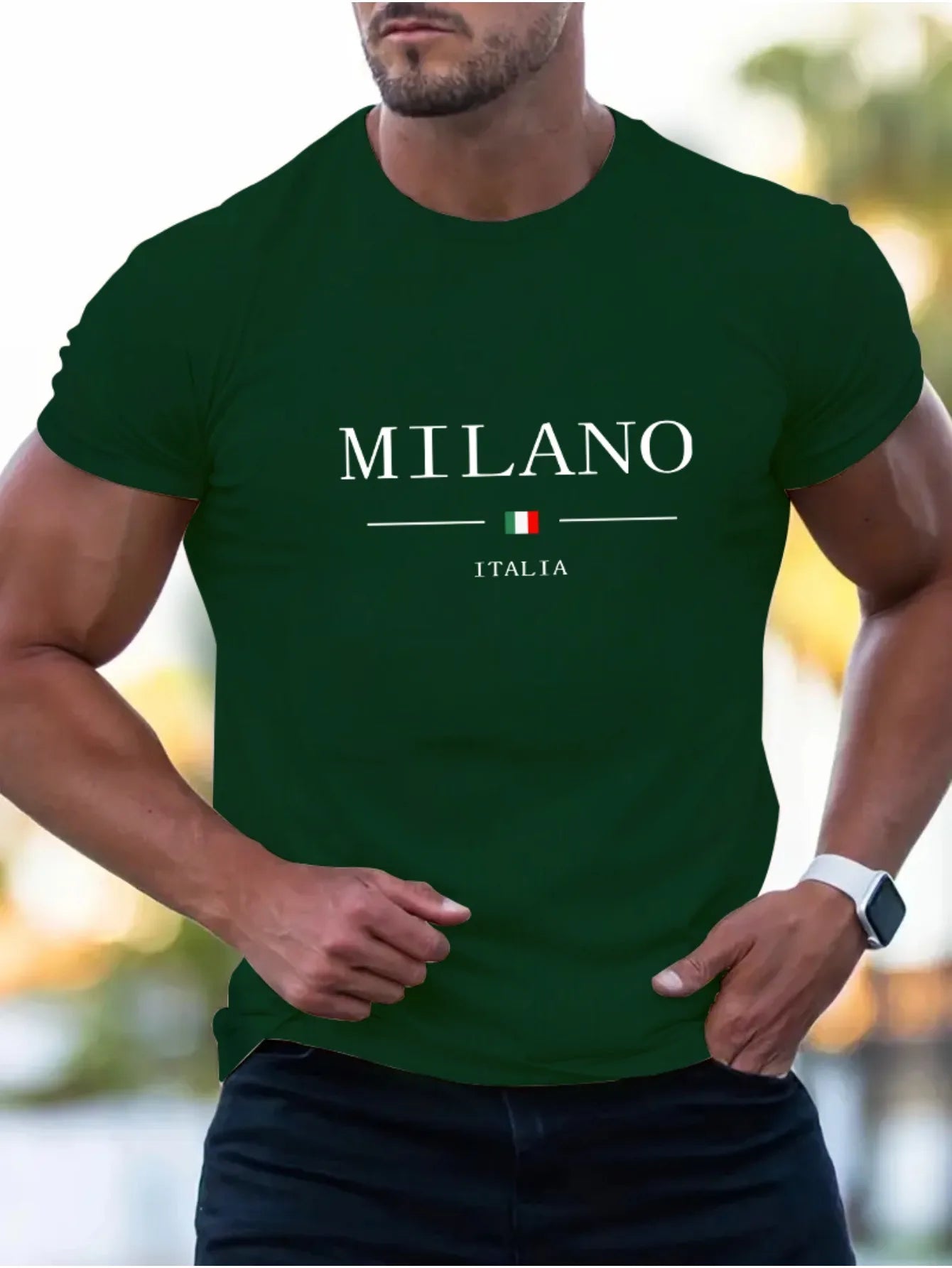 Summer men's 100% cotton casual sports loose plus MILANO print comfortable shopping round neck short sleeved T-shirt top