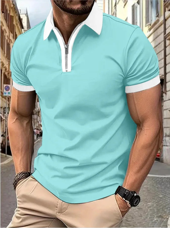 Men's Fashion Casual top Short Sleeve color with stylish zipper with men's lapel short sleeve top T-shirt Fashion short sleeve