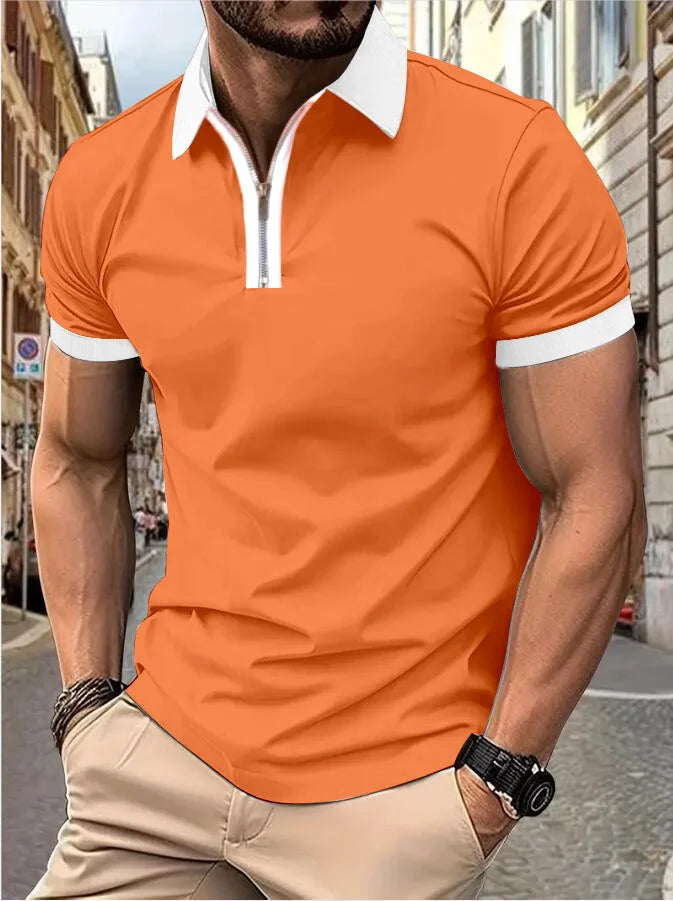 Men's Fashion Casual top Short Sleeve color with stylish zipper with men's lapel short sleeve top T-shirt Fashion short sleeve