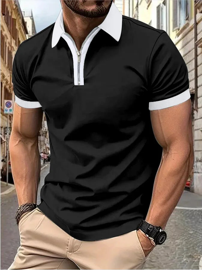 Men's Fashion Casual top Short Sleeve color with stylish zipper with men's lapel short sleeve top T-shirt Fashion short sleeve