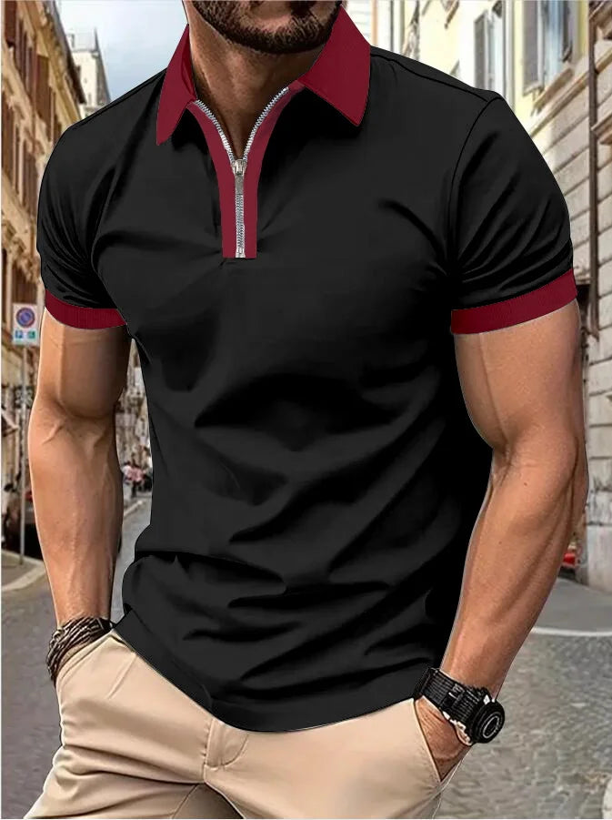 Men's Fashion Casual top Short Sleeve color with stylish zipper with men's lapel short sleeve top T-shirt Fashion short sleeve