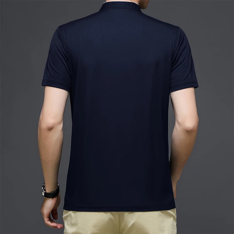 2025 New Men's Casual Fashion Solid Color Short Sleeved Polo Shirt Stand Up Collar Versatile Comfortable Top