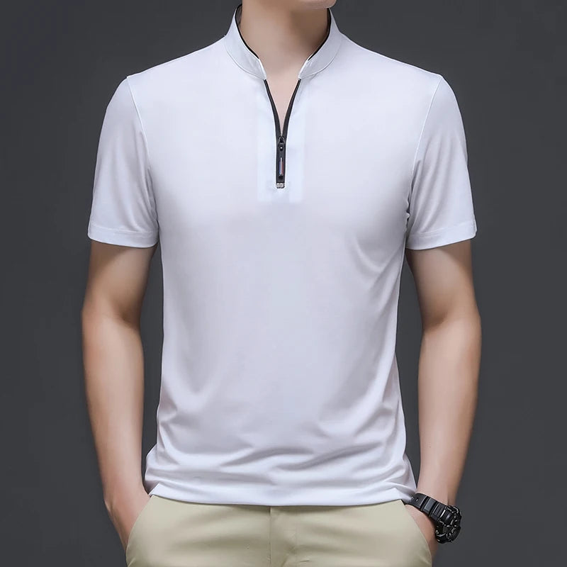 2025 New Men's Casual Fashion Solid Color Short Sleeved Polo Shirt Stand Up Collar Versatile Comfortable Top