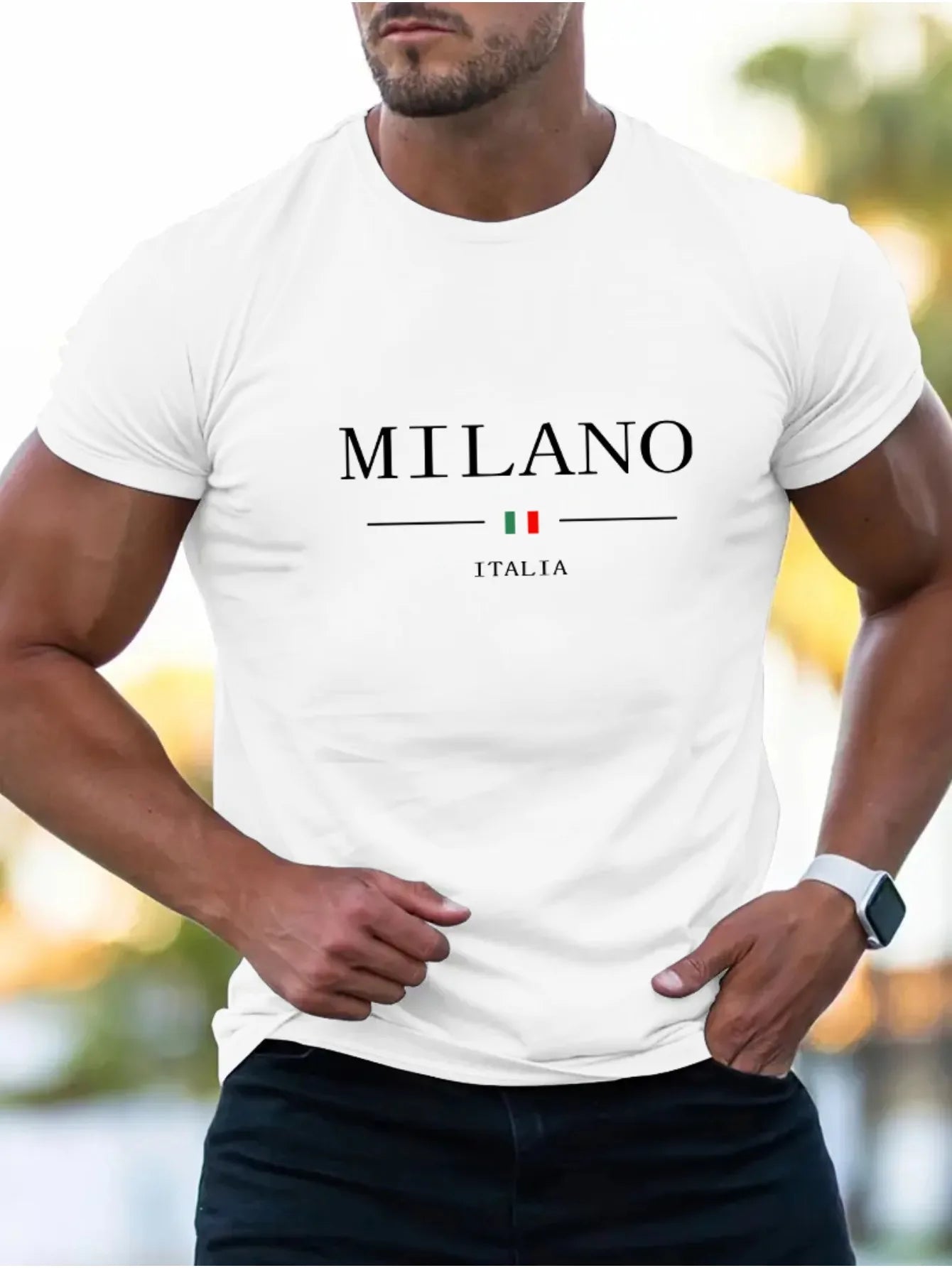Summer men's 100% cotton casual sports loose plus MILANO print comfortable shopping round neck short sleeved T-shirt top