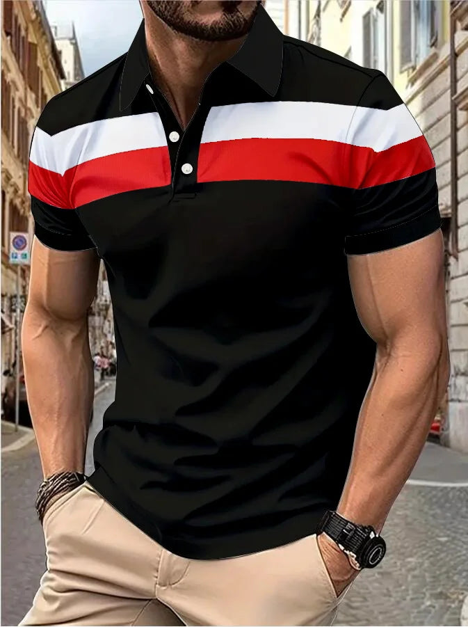 Men's short sleeve chest three stripes color matching fashion with men's lapel short sleeve men's fashion casual top T-shirt