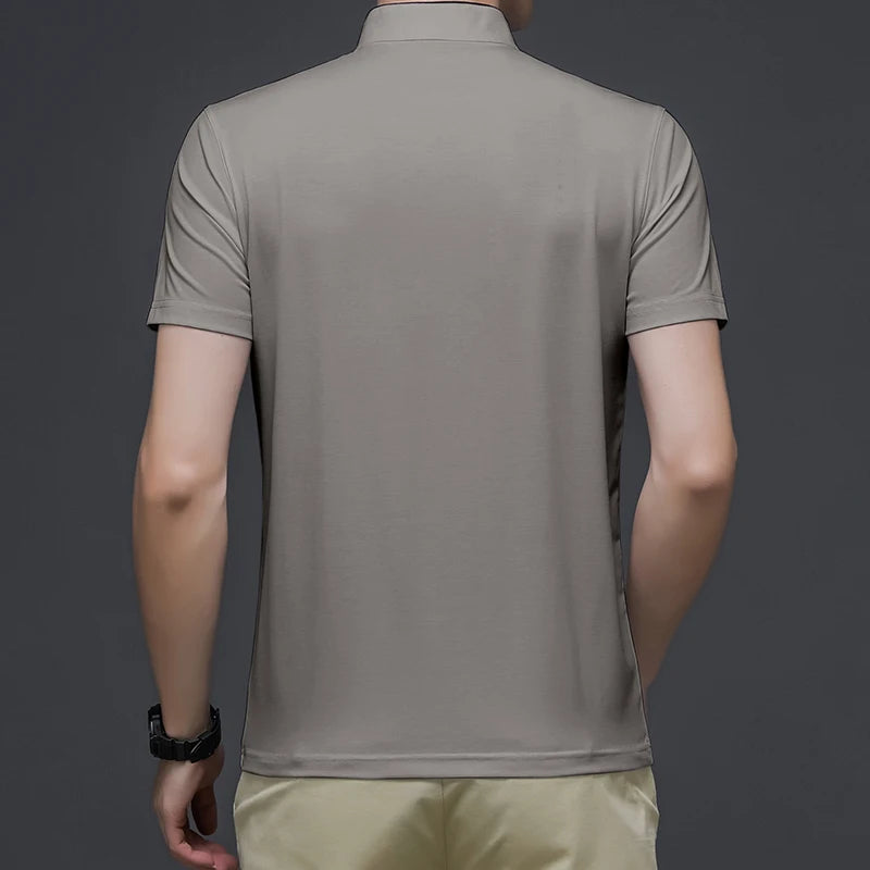 2025 New Men's Casual Fashion Solid Color Short Sleeved Polo Shirt Stand Up Collar Versatile Comfortable Top