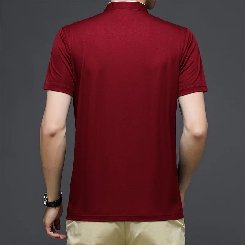 2025 New Men's Casual Fashion Solid Color Short Sleeved Polo Shirt Stand Up Collar Versatile Comfortable Top