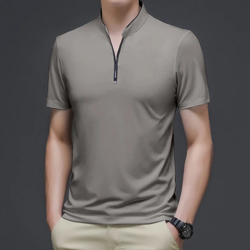 2025 New Men's Casual Fashion Solid Color Short Sleeved Polo Shirt Stand Up Collar Versatile Comfortable Top