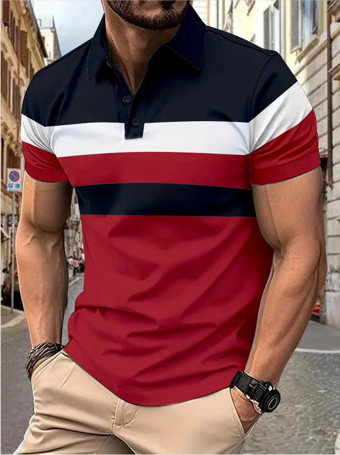 Men's short sleeve chest three stripes color matching fashion with men's lapel short sleeve men's fashion casual top T-shirt