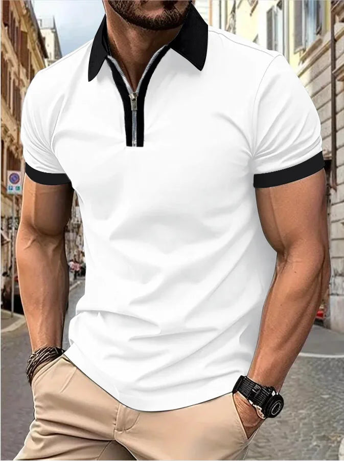 Men's Fashion Casual top Short Sleeve color with stylish zipper with men's lapel short sleeve top T-shirt Fashion short sleeve