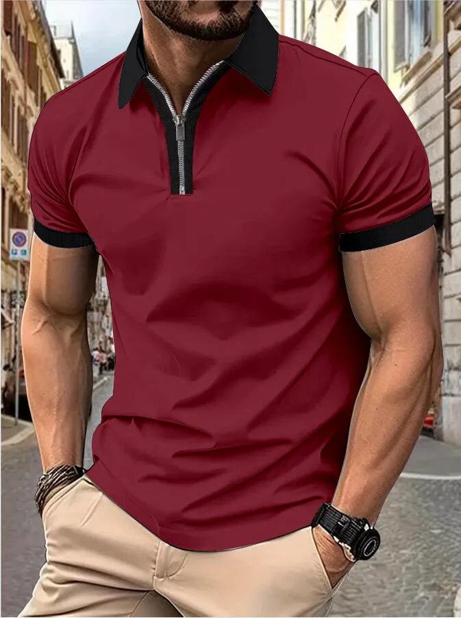 Men's Fashion Casual top Short Sleeve color with stylish zipper with men's lapel short sleeve top T-shirt Fashion short sleeve
