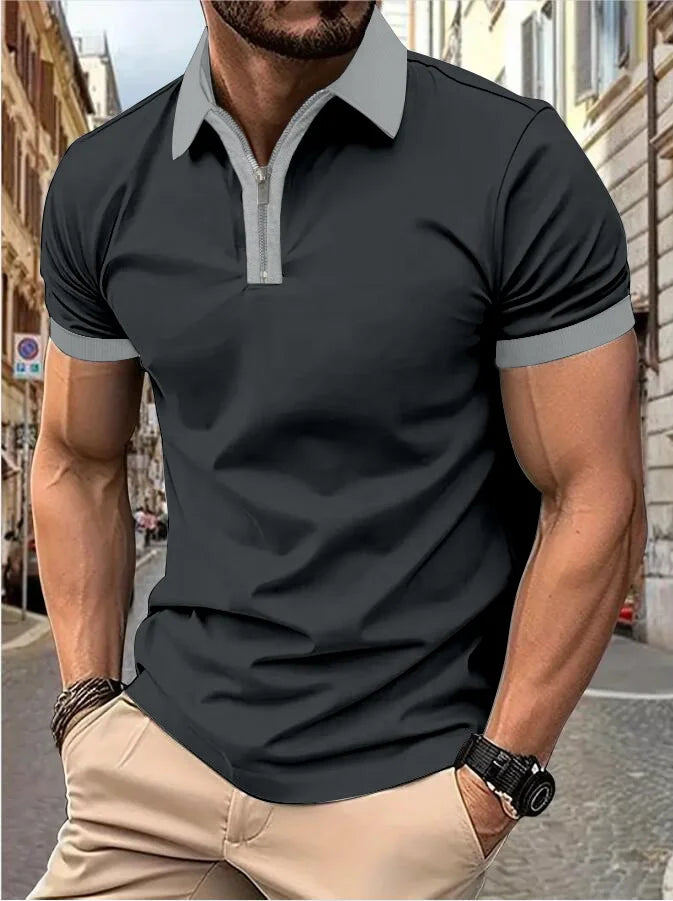 Men's Fashion Casual top Short Sleeve color with stylish zipper with men's lapel short sleeve top T-shirt Fashion short sleeve