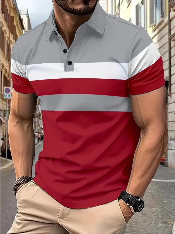 Men's short sleeve chest three stripes color matching fashion with men's lapel short sleeve men's fashion casual top T-shirt