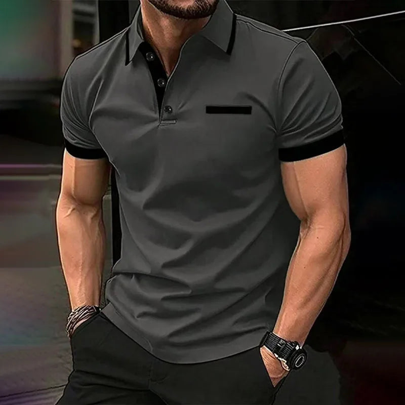 Spring Summer Men Clothes Short Sleeve Turn-down Collar Polo Shirt Fake Pocket Print Business Casual Polo Shirt Resilient Tops