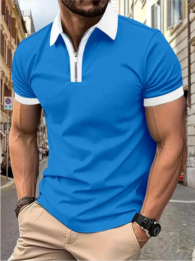 Men's Fashion Casual top Short Sleeve color with stylish zipper with men's lapel short sleeve top T-shirt Fashion short sleeve