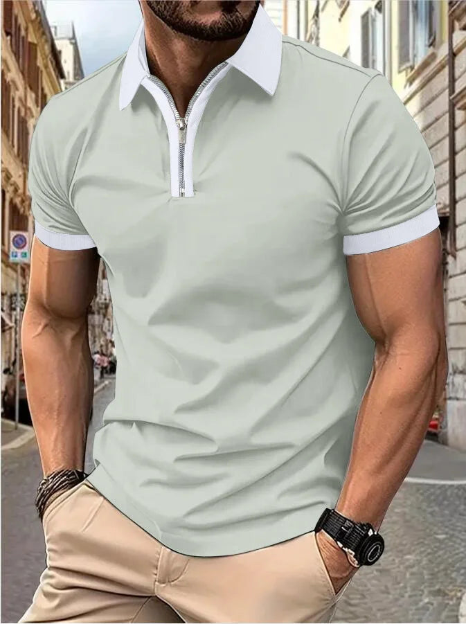 Men's Fashion Casual top Short Sleeve color with stylish zipper with men's lapel short sleeve top T-shirt Fashion short sleeve