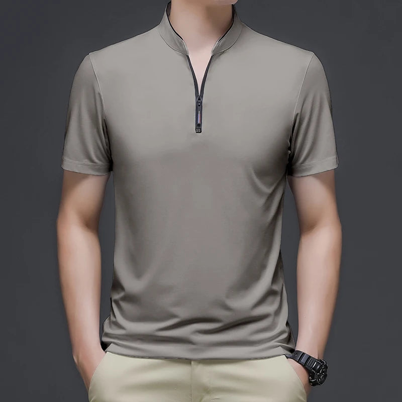 2025 New Men's Casual Fashion Solid Color Short Sleeved Polo Shirt Stand Up Collar Versatile Comfortable Top