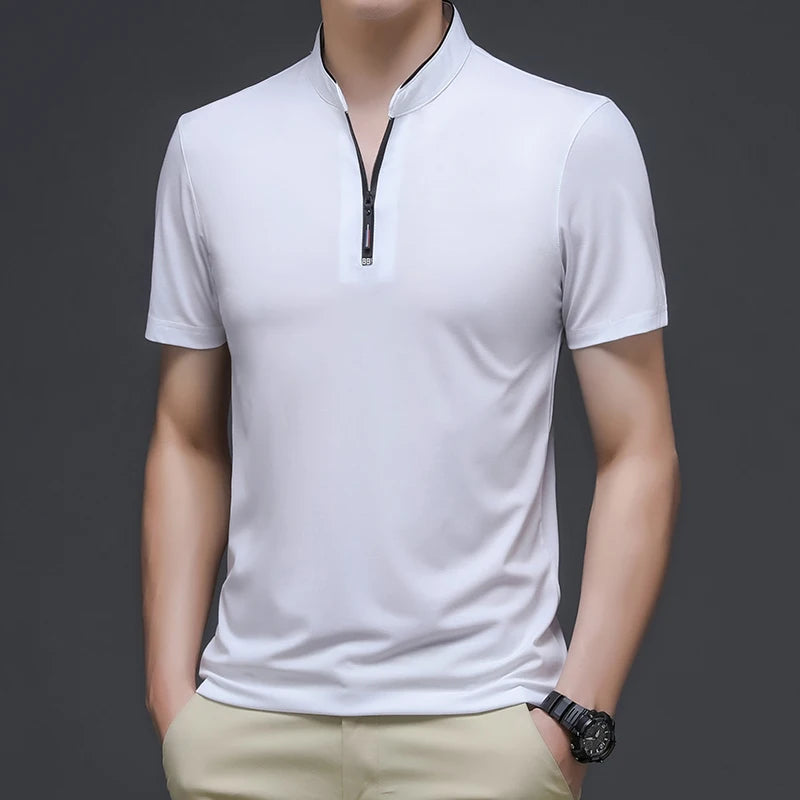 2025 New Men's Casual Fashion Solid Color Short Sleeved Polo Shirt Stand Up Collar Versatile Comfortable Top