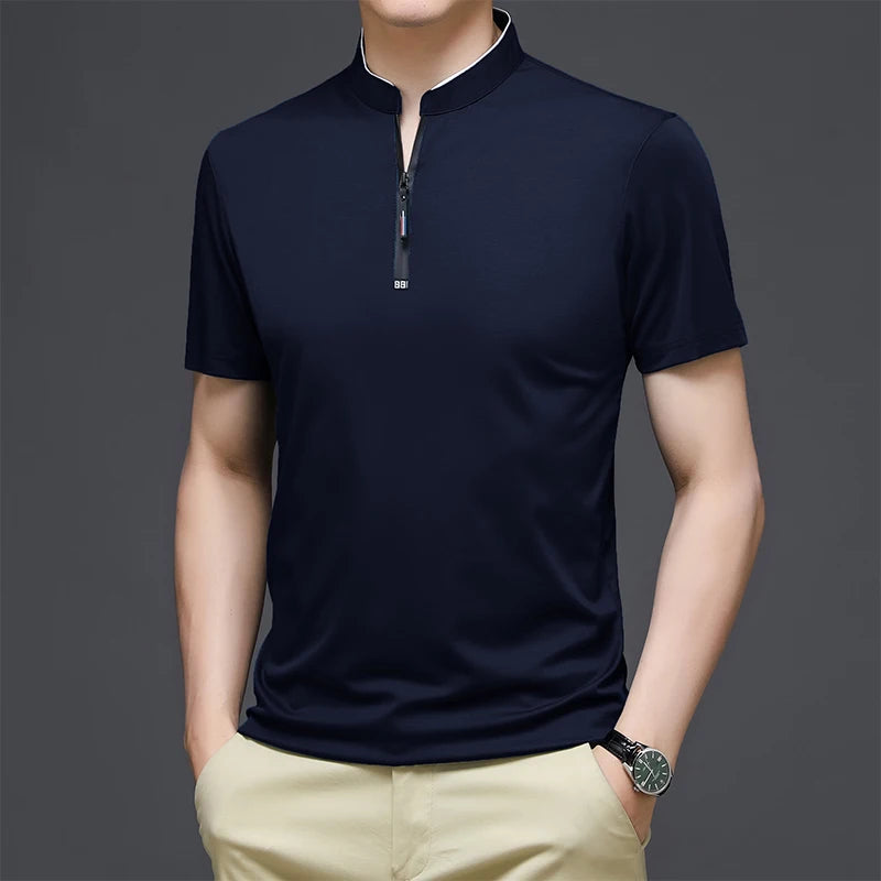 2025 New Men's Casual Fashion Solid Color Short Sleeved Polo Shirt Stand Up Collar Versatile Comfortable Top