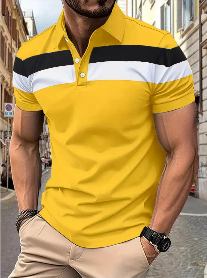 Men's short sleeve chest three stripes color matching fashion with men's lapel short sleeve men's fashion casual top T-shirt