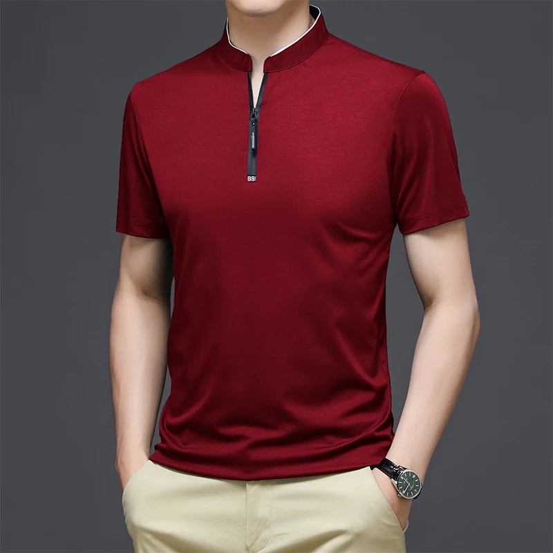 2025 New Men's Casual Fashion Solid Color Short Sleeved Polo Shirt Stand Up Collar Versatile Comfortable Top