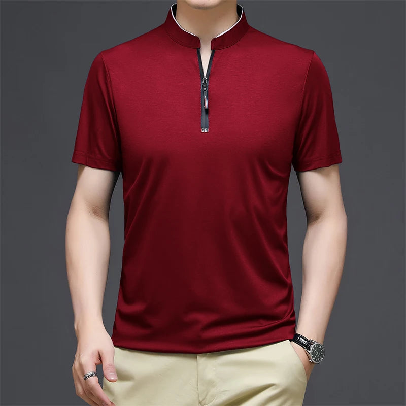 2025 New Men's Casual Fashion Solid Color Short Sleeved Polo Shirt Stand Up Collar Versatile Comfortable Top