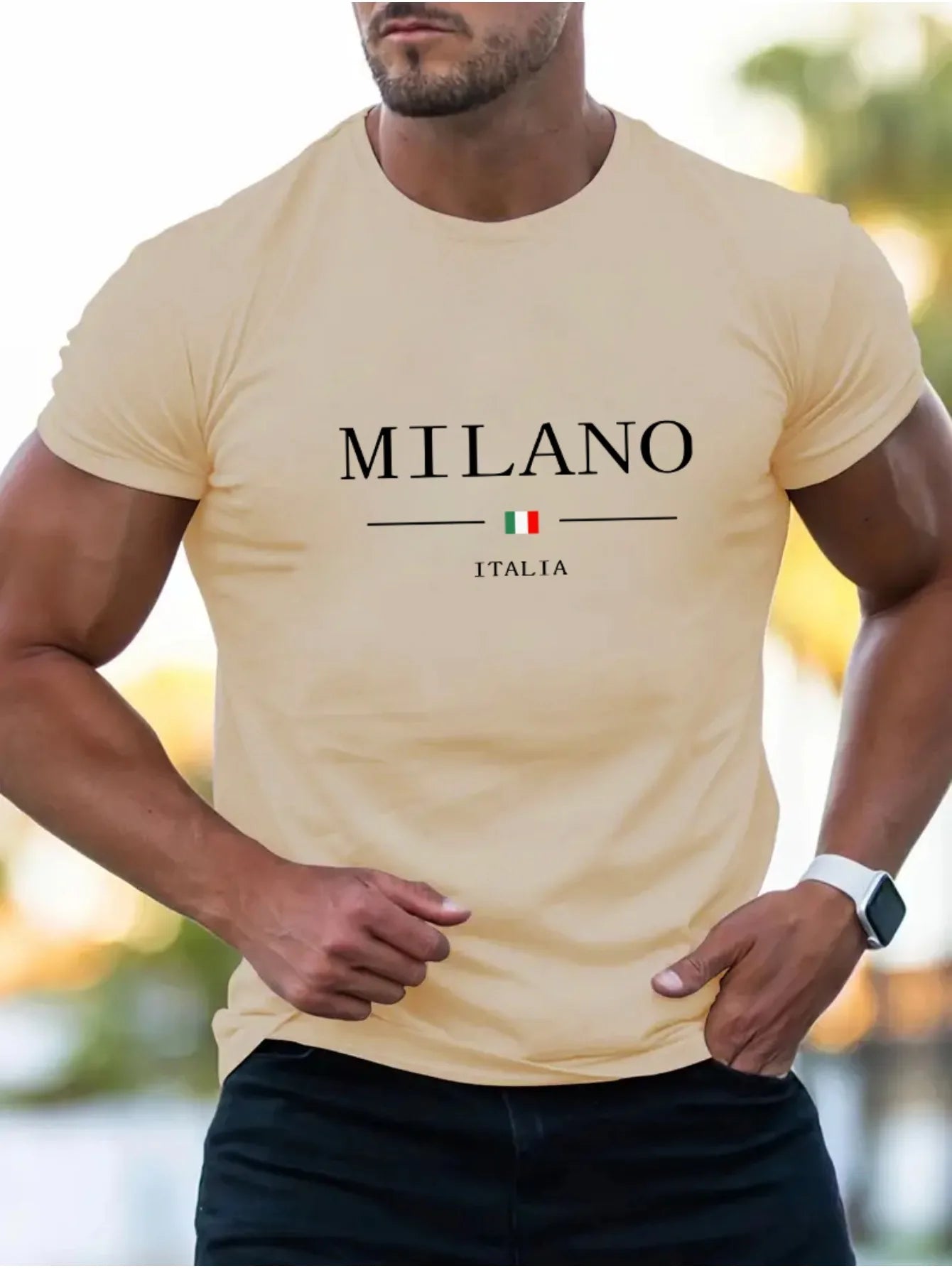 Summer men's 100% cotton casual sports loose plus MILANO print comfortable shopping round neck short sleeved T-shirt top