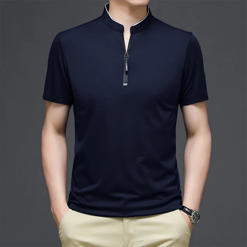 2025 New Men's Casual Fashion Solid Color Short Sleeved Polo Shirt Stand Up Collar Versatile Comfortable Top