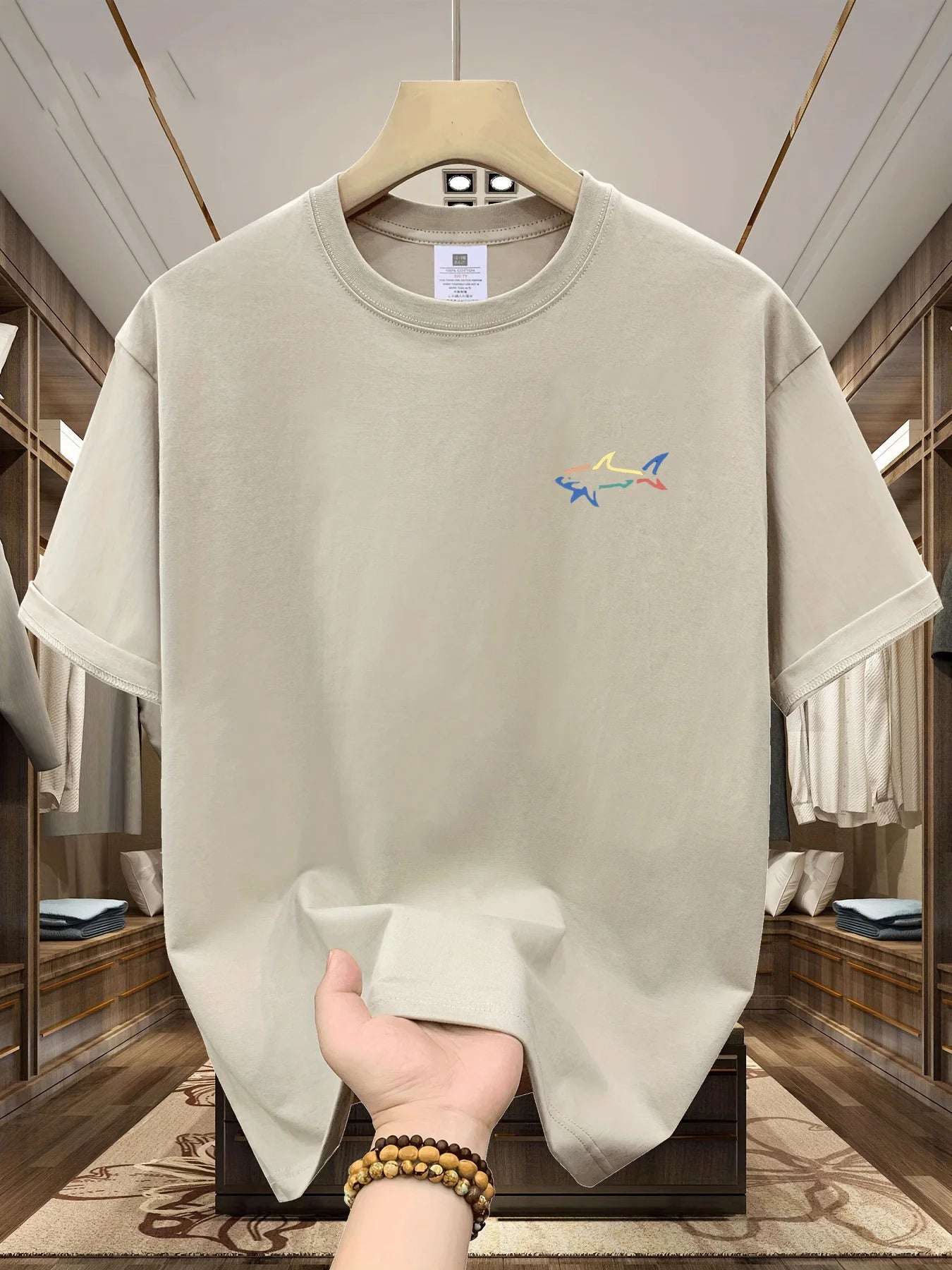 Men's summer 100 cotton fashionable casual loose plus size shark pattern printed sports round neck short sleeved T-shirt top