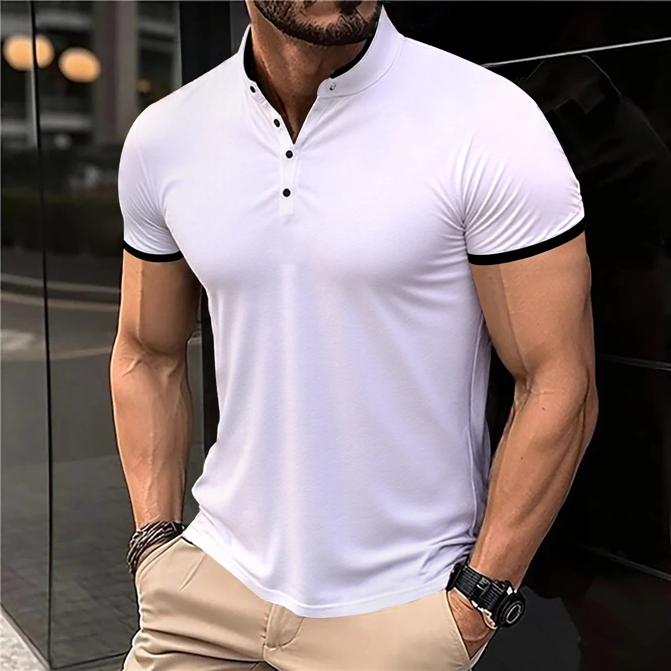 2025 New Men's Casual and Fashionable Solid Color Short Sleeved Stand Up Collar T-shirt Summer Versatile and Comfortable Top