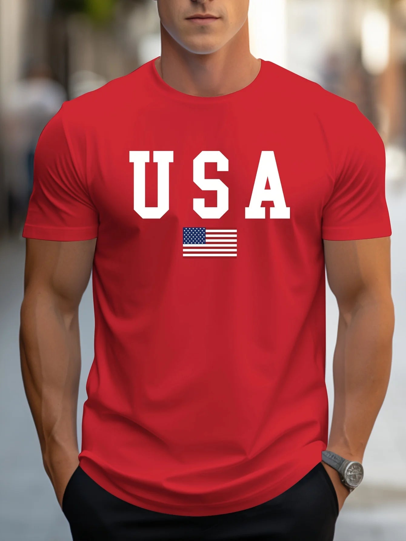 Men's 100% pure cotton summer loose fit large Usa print casual slim fit round neck short sleeved T-shirt top