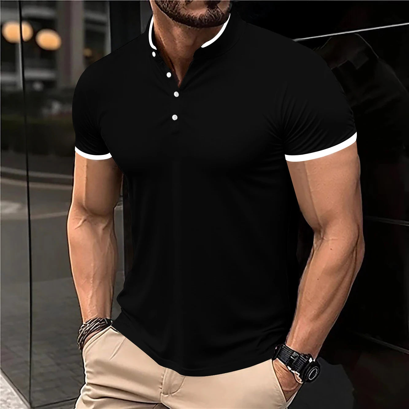 2025 New Men's Casual and Fashionable Solid Color Short Sleeved Stand Up Collar T-shirt Summer Versatile and Comfortable Top