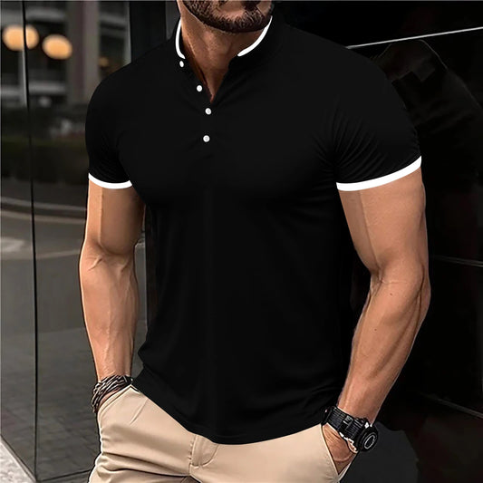 2025 New Men's Casual and Fashionable Solid Color Short Sleeved Stand Up Collar T-shirt Summer Versatile and Comfortable Top