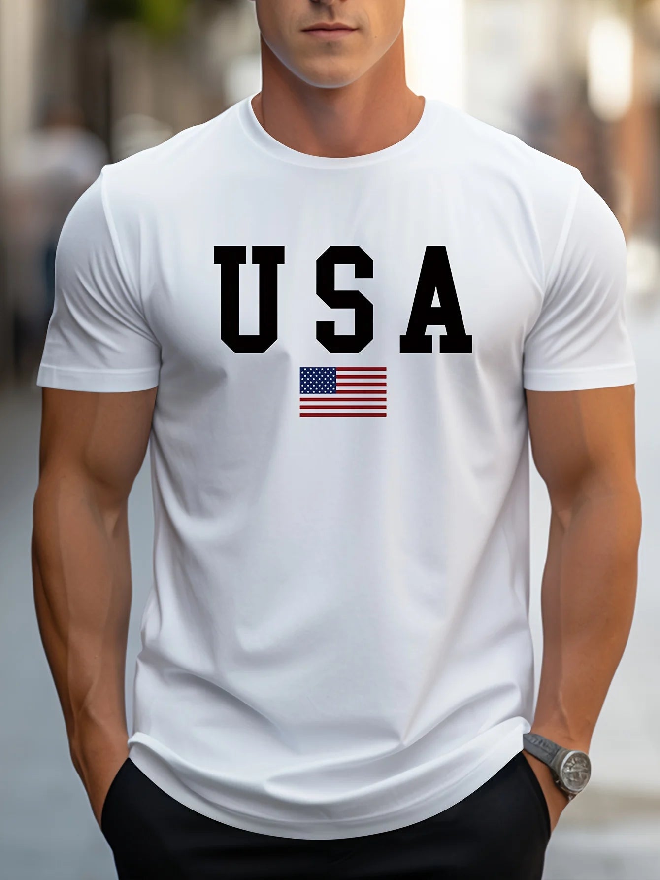 Men's 100% pure cotton summer loose fit large Usa print casual slim fit round neck short sleeved T-shirt top