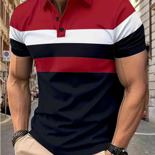 Men's short sleeve chest three stripes color matching fashion with men's lapel short sleeve men's fashion casual top T-shirt
