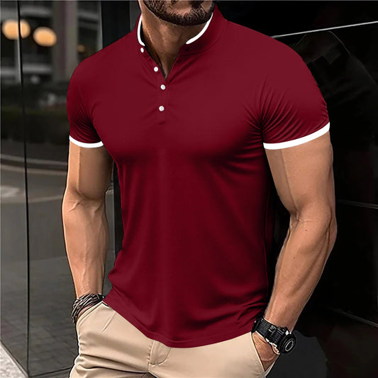 2025 New Men's Casual and Fashionable Solid Color Short Sleeved Stand Up Collar T-shirt Summer Versatile and Comfortable Top