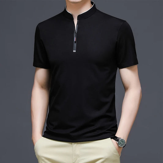 2025 New Men's Casual Fashion Solid Color Short Sleeved Polo Shirt Stand Up Collar Versatile Comfortable Top