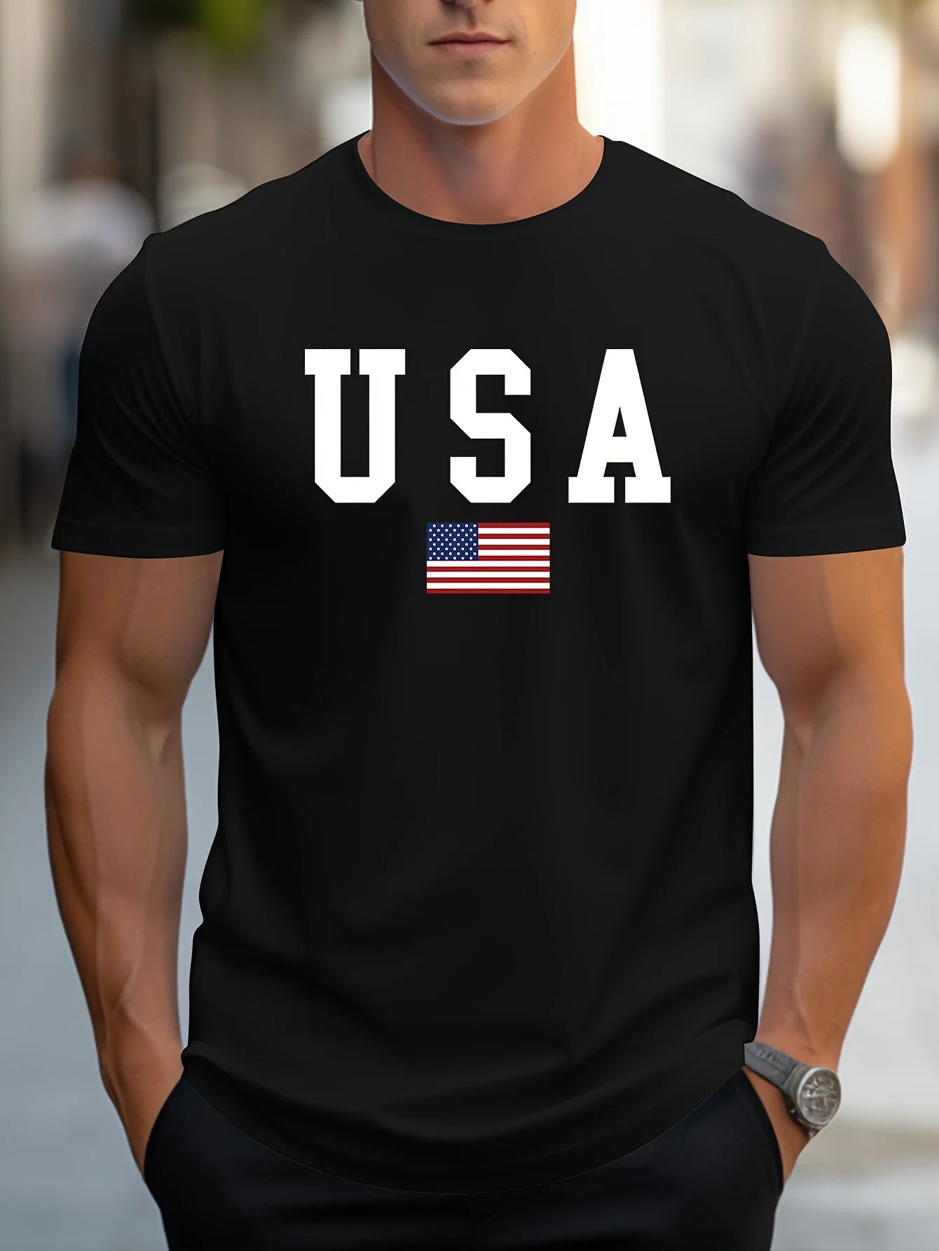 Men's 100% pure cotton summer loose fit large Usa print casual slim fit round neck short sleeved T-shirt top