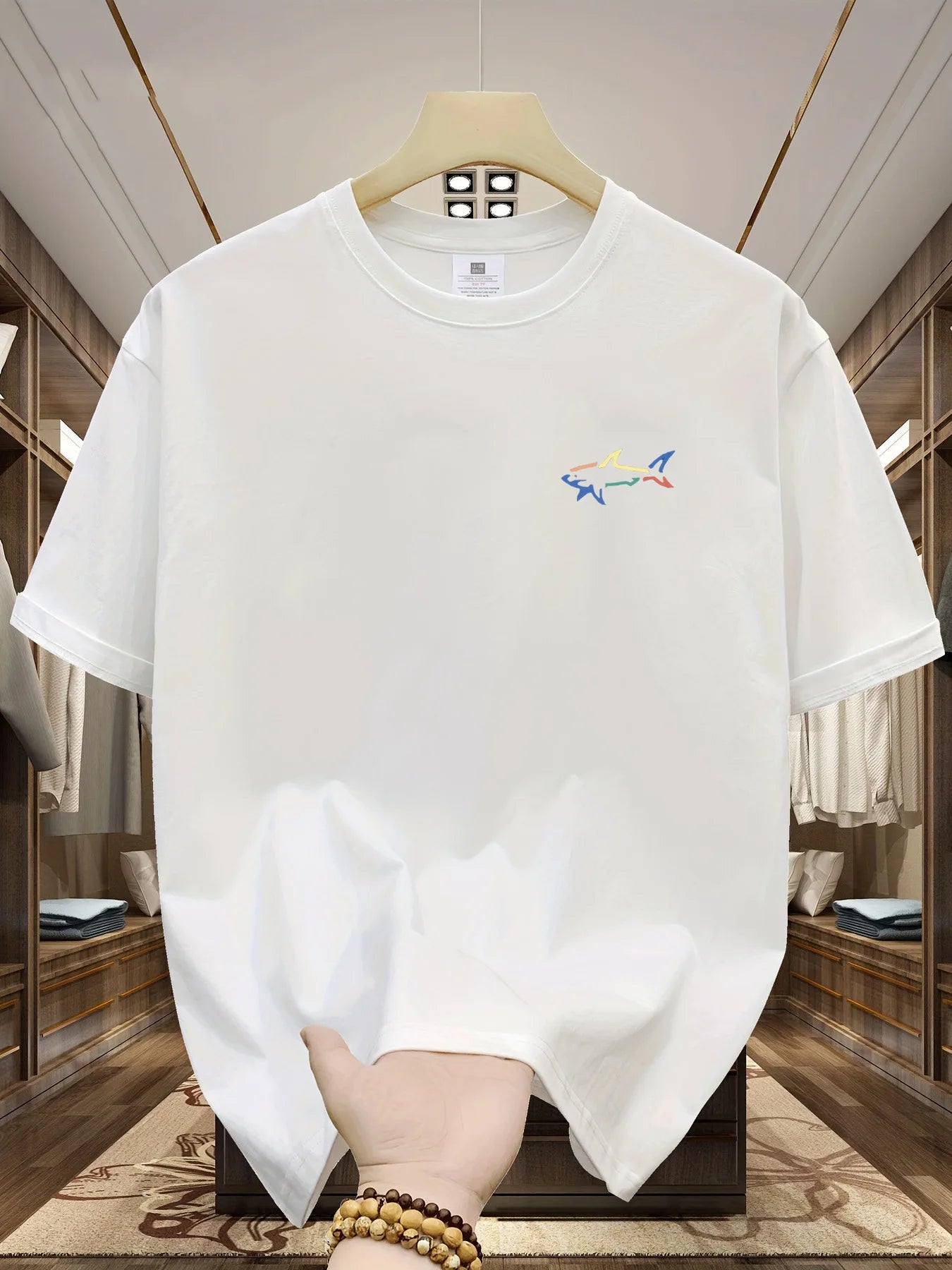 Men's summer 100 cotton fashionable casual loose plus size shark pattern printed sports round neck short sleeved T-shirt top
