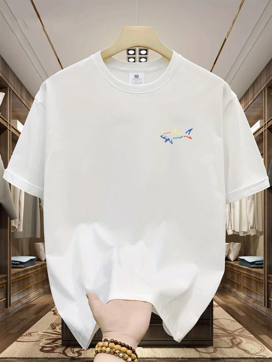 Men's summer 100 cotton fashionable casual loose plus size shark pattern printed sports round neck short sleeved T-shirt top