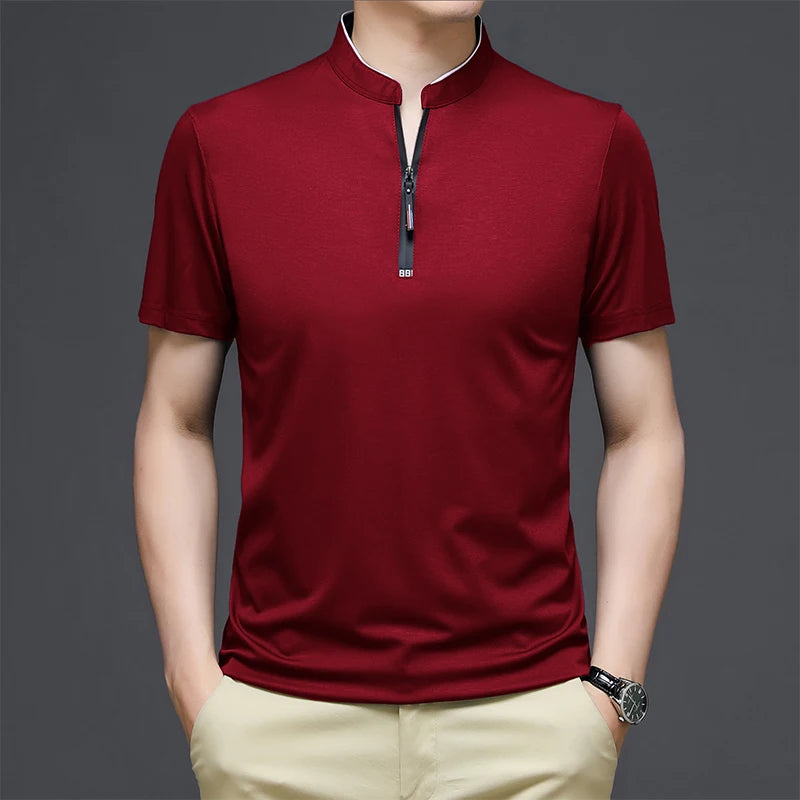 2025 New Men's Casual Fashion Solid Color Short Sleeved Polo Shirt Stand Up Collar Versatile Comfortable Top