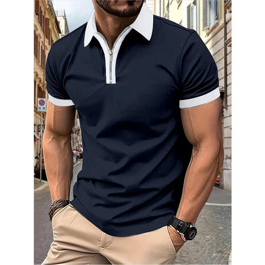 Men's Fashion Casual top Short Sleeve color with stylish zipper with men's lapel short sleeve top T-shirt Fashion short sleeve