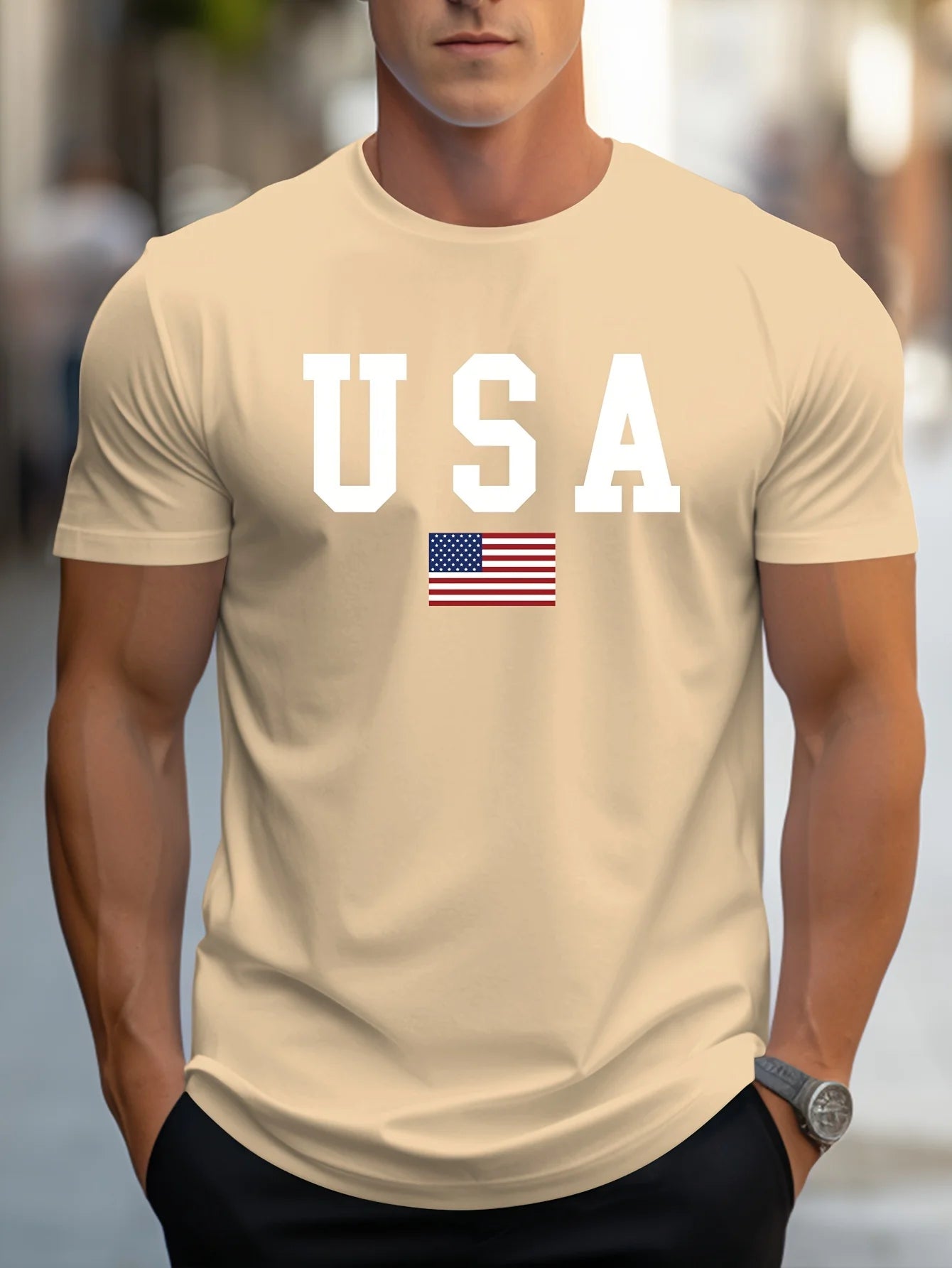 Men's 100% pure cotton summer loose fit large Usa print casual slim fit round neck short sleeved T-shirt top