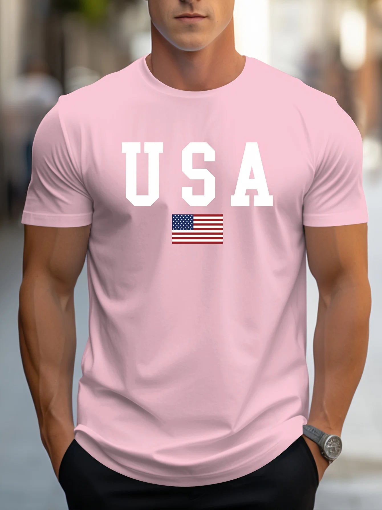 Men's 100% pure cotton summer loose fit large Usa print casual slim fit round neck short sleeved T-shirt top