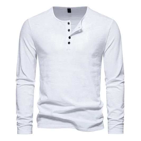Men Long Sleeved T-shirt Cotton Slim Fit Bottoming Shirt Fitness Tops Tees Button Neck Casual Cozy Tshirt