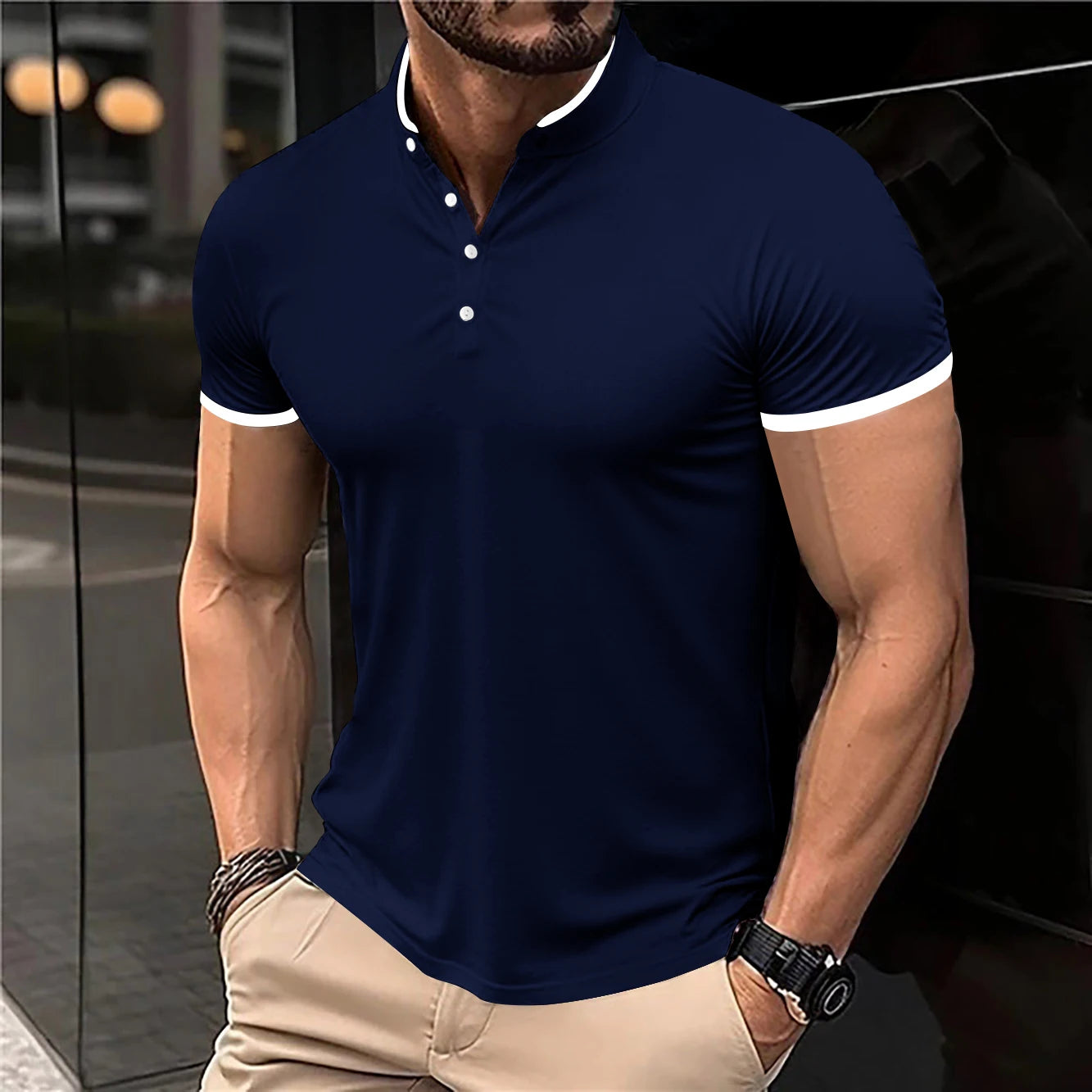 2025 New Men's Casual and Fashionable Solid Color Short Sleeved Stand Up Collar T-shirt Summer Versatile and Comfortable Top