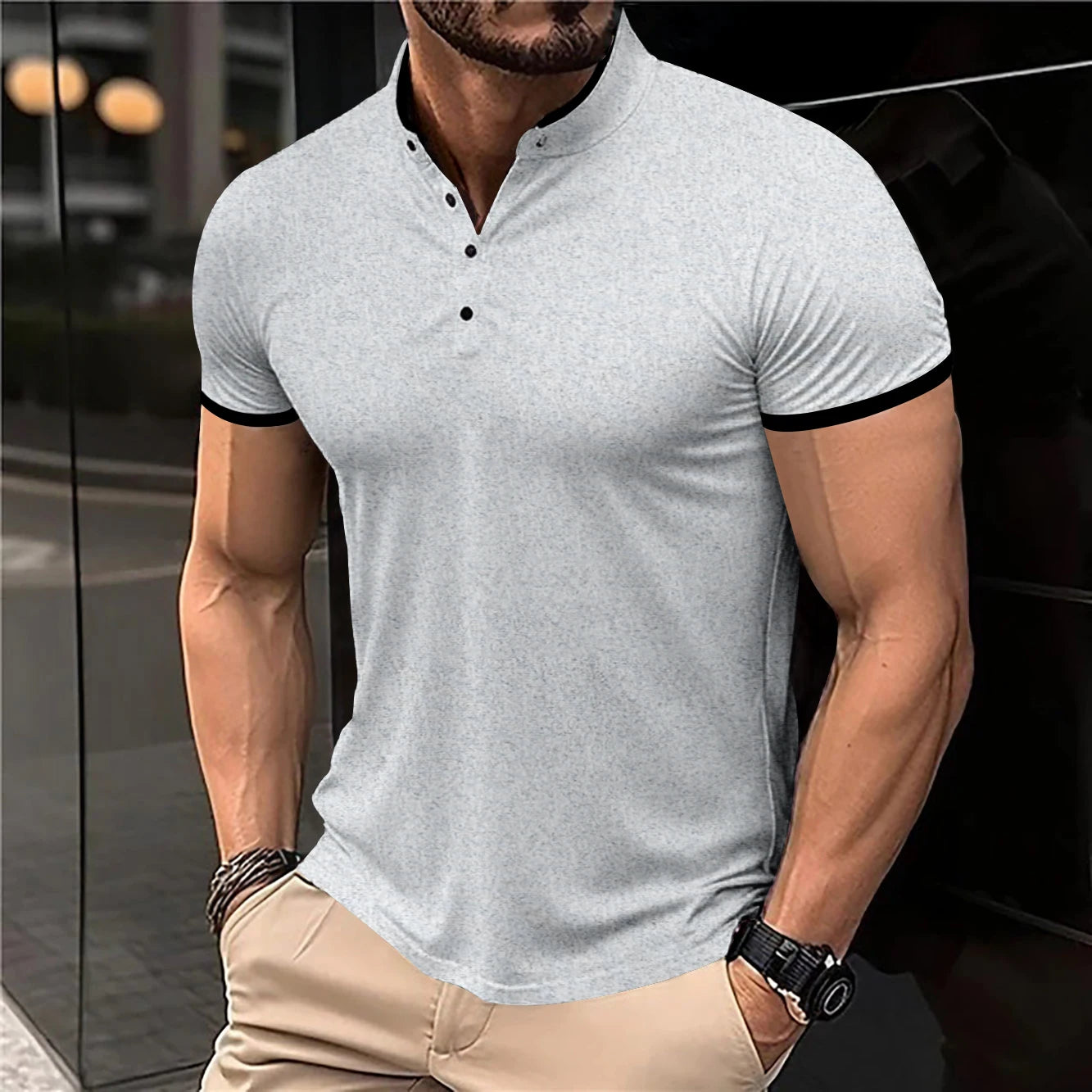 2025 New Men's Casual and Fashionable Solid Color Short Sleeved Stand Up Collar T-shirt Summer Versatile and Comfortable Top