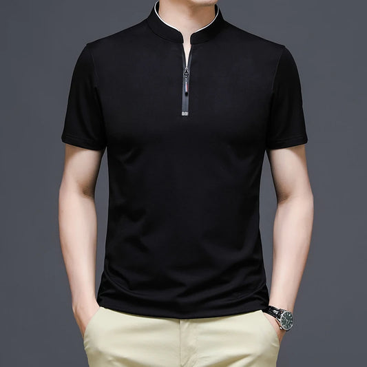 2025 New Men's Casual Fashion Solid Color Short Sleeved Polo Shirt Stand Up Collar Versatile Comfortable Top
